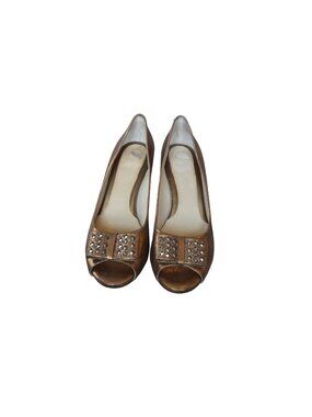 Nurture Spike Bow Bronze Leather Peep Toe Pumps Women's Size 9.5 Cocktail Preppy